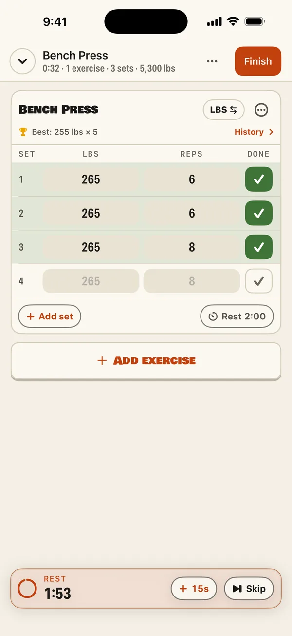 Brolic workout log screen