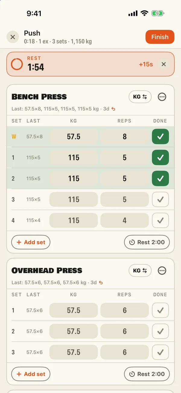 Brolic workout log screen